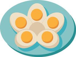 Illustration of sliced boiled eggs arranged in a flower shape on a blue plate vector