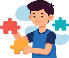 Illustration of a happy boy solving puzzle pieces, isolated on a white background vector