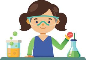 Young girl conducting a science experiment with beakers and goggles in a laboratory vector