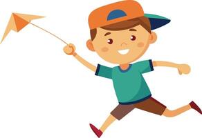 Happy boy running with a paper airplane, isolated on white background vector