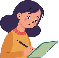 Cartoon illustration of a girl writing on a tablet, creating notes or sketching vector