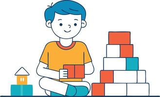 Smiling child playing with building blocks, illustration of creative play and learning vector