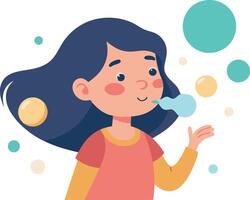 Smiling girl blowing bubbles in colorful illustration with floating shapes vector