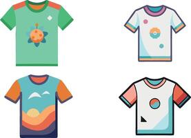 Colorful graphic t-shirts with unique designs and playful art in a flat style vector