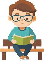 Cartoon boy reading book while sitting on bench isolated on white background vector