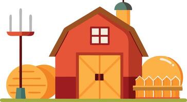 Illustration of a red barn with hay bales and a pitchfork on a farm vector