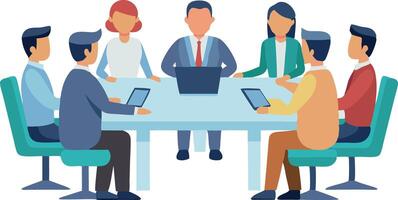 Business meeting with diverse team using laptops and tablets in modern office vector