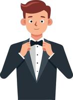 Cartoon man in a tuxedo adjusting his bowtie for a formal event vector