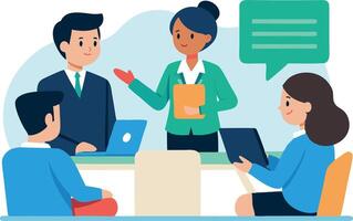 Illustration of team meeting with diverse colleagues discussing projects in the office vector