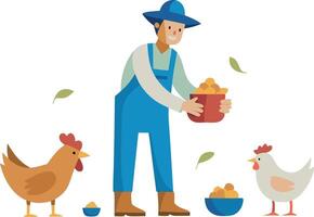 Farmer feeding chickens in a cartoon style with happy and colorful illustration vector