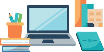 Illustration of a laptop with books, stationery, and notepad on white background vector