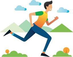 Illustration of a person running outdoors with a mountain and cloud background vector