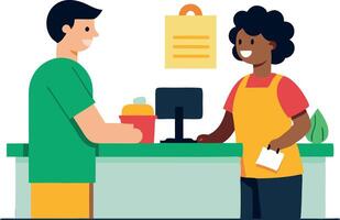 Smiling cashier assisting a customer with grocery checkout at the store vector