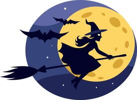 Illustration of a witch flying on a broomstick with bats under a full moon vector