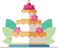 Illustration of a three-tier cake decorated with flowers and leaves on a white background vector