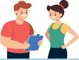 Illustration of two people having a discussion with a clipboard, smiling and interacting vector