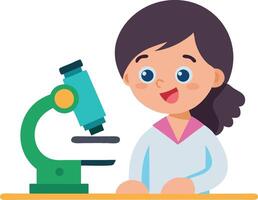 Happy young girl scientist using a microscope in a laboratory vector