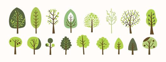 Tree and leaf collection hand drawn flat design element. botanical set of bare trees and ones with leaves and lush limited pastel color vector