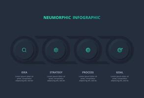 Creative concept for infographic with 4 options. Neumorphic flowchart dark iinfographic. vector