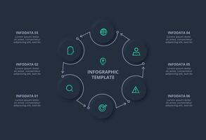Creative concept for infographic with 6 options. Neumorphic flowchart dark iinfographic. vector