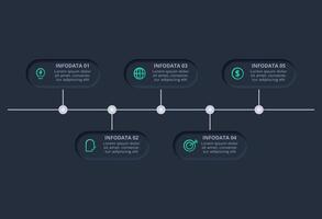 Creative concept for infographic with 5 options. Neumorphic flowchart dark iinfographic. vector
