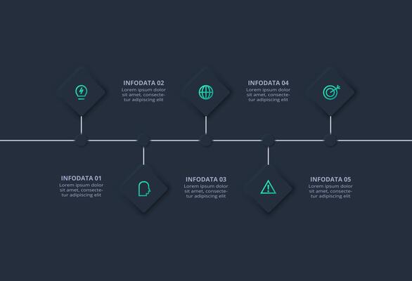 Creative concept for infographic with 5 options. Neumorphic flowchart dark iinfographic.