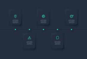Creative concept for infographic with 5 options. Neumorphic flowchart dark iinfographic. vector