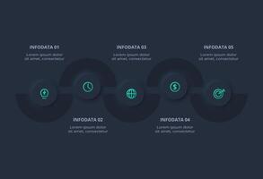 Creative concept for infographic with 5 options. Neumorphic flowchart dark iinfographic. vector