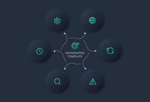 Creative concept for infographic with 6 options. Neumorphic flowchart dark iinfographic. vector