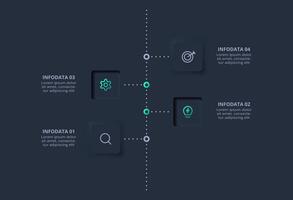 Creative concept for infographic with 4 options. Neumorphic flowchart dark iinfographic. vector