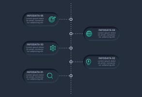 Creative concept for infographic with 5 options. Neumorphic flowchart dark iinfographic. vector