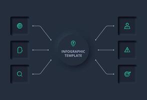 Creative concept for infographic with 6 options. Neumorphic flowchart dark iinfographic. vector