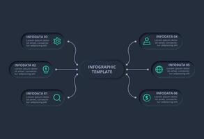 Creative concept for infographic with 6 options. Neumorphic flowchart dark iinfographic. vector