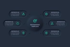 Creative concept for infographic with 6 options. Neumorphic flowchart dark iinfographic. vector