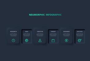 Creative concept for infographic with 6 options. Neumorphic flowchart dark iinfographic. vector