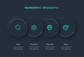 Creative concept for infographic with 4 options. Neumorphic flowchart dark iinfographic. vector