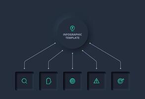 Creative concept for infographic with 5 options. Neumorphic flowchart dark iinfographic. vector