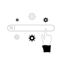 Sketch of a search bar and a hand with the index finger up. Technologies and web surfing, search for solutions and ideas. Black and white illustration on white background vector