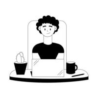 Man with a laptop. Concept of work and study at home, freelancing. Employee and computer. Black and white line art minimalistic illustration isolated on a white background. vector