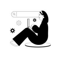 Woman with laptop and search bar. Technologies and web surfing, search for solutions and ideas. Black and white illustration on white background vector