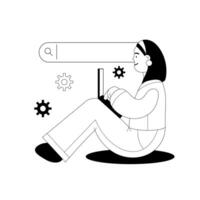 Woman with laptop and search bar. Technologies and web surfing, search for solutions and ideas. Black and white illustration on white background vector