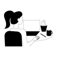 Woman with a laptop. Concept of work and study at home, freelancing. Employee and computer. Black and white line art minimalistic illustration isolated on a white background. vector