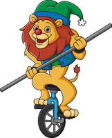 Cute Lion wearing Clown costume on Unicycle vector