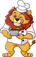 Lion in a chef's hat and apron holds bowl soup vector
