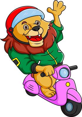 lion riding scooter bike and using helmet