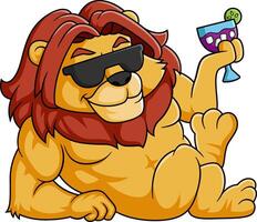 Funny lion drinks a fruit juice with sunglasses vector