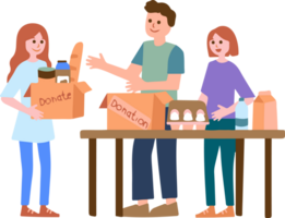 Three people are standing around a table with a donation box in front of them png