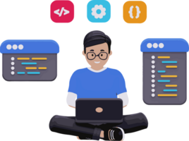 A man is sitting on the floor with a laptop in front of him, programmer profession png