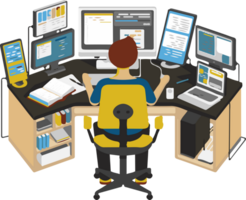 A man is sitting at a desk with a computer monitor and a keyboard, programmer profession png