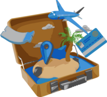 A suitcase with a map of a tropical island and a plane on top of it png